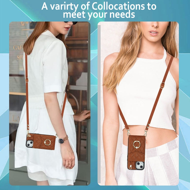 For iPhone 14 Plus Rhombic Texture Card Bag Phone Case with Long Lanyard(Brown) - iPhone 14 Plus Cases by buy2fix | Online Shopping UK | buy2fix