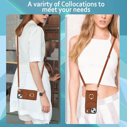 For iPhone 14 Plus Rhombic Texture Card Bag Phone Case with Long Lanyard(Brown) - iPhone 14 Plus Cases by buy2fix | Online Shopping UK | buy2fix