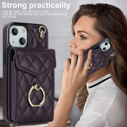 For iPhone 14 Plus Rhombic Texture Card Bag Phone Case with Long Lanyard(Dark Purple) - iPhone 14 Plus Cases by buy2fix | Online Shopping UK | buy2fix