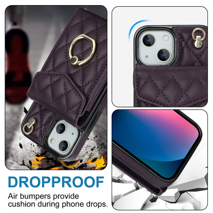 For iPhone 14 Plus Rhombic Texture Card Bag Phone Case with Long Lanyard(Dark Purple) - iPhone 14 Plus Cases by buy2fix | Online Shopping UK | buy2fix