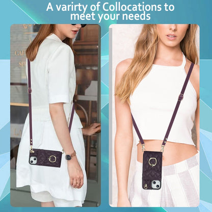 For iPhone 14 Plus Rhombic Texture Card Bag Phone Case with Long Lanyard(Dark Purple) - iPhone 14 Plus Cases by buy2fix | Online Shopping UK | buy2fix