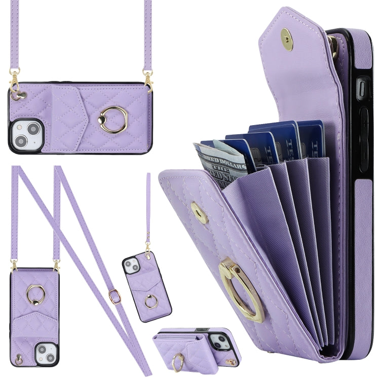 For iPhone 14 Plus Rhombic Texture Card Bag Phone Case with Long Lanyard(Light Purple) - iPhone 14 Plus Cases by buy2fix | Online Shopping UK | buy2fix