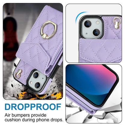 For iPhone 14 Plus Rhombic Texture Card Bag Phone Case with Long Lanyard(Light Purple) - iPhone 14 Plus Cases by buy2fix | Online Shopping UK | buy2fix