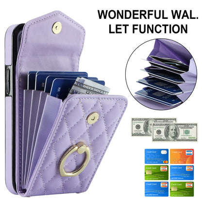 For iPhone 14 Plus Rhombic Texture Card Bag Phone Case with Long Lanyard(Light Purple) - iPhone 14 Plus Cases by buy2fix | Online Shopping UK | buy2fix