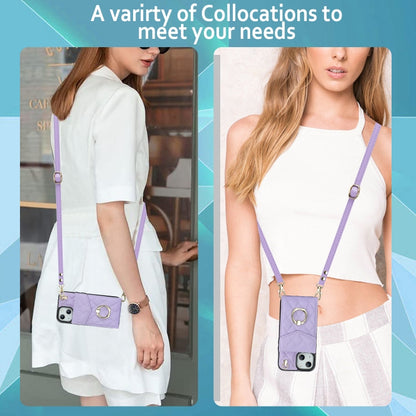 For iPhone 14 Plus Rhombic Texture Card Bag Phone Case with Long Lanyard(Light Purple) - iPhone 14 Plus Cases by buy2fix | Online Shopping UK | buy2fix
