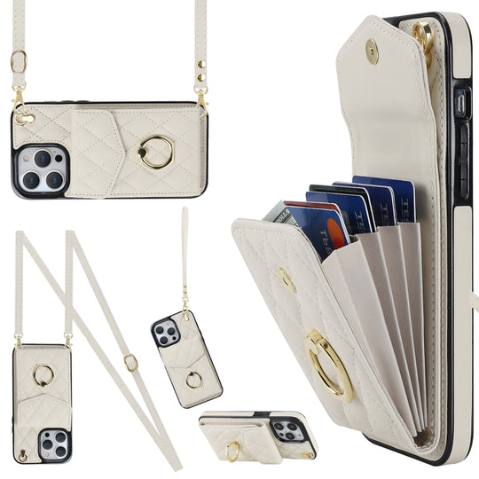 For iPhone 14 Pro Max Rhombic Texture Card Bag Phone Case with Long Lanyard(White)