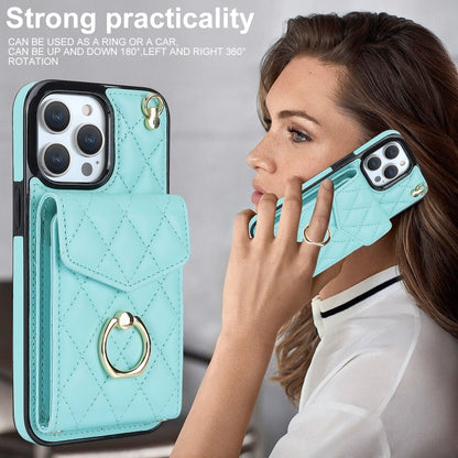 For iPhone 12 Pro Max Rhombic Texture Card Bag Phone Case with Long Lanyard(Mint Green) - iPhone 12 Pro Max Cases by buy2fix | Online Shopping UK | buy2fix