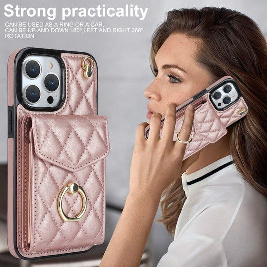 For iPhone 12 Pro Max Rhombic Texture Card Bag Phone Case with Long Lanyard(Rose Gold) - iPhone 12 Pro Max Cases by buy2fix | Online Shopping UK | buy2fix
