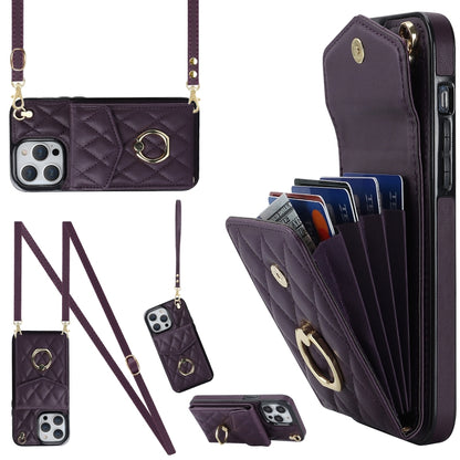 For iPhone 12 Pro Max Rhombic Texture Card Bag Phone Case with Long Lanyard(Dark Purple) - iPhone 12 Pro Max Cases by buy2fix | Online Shopping UK | buy2fix