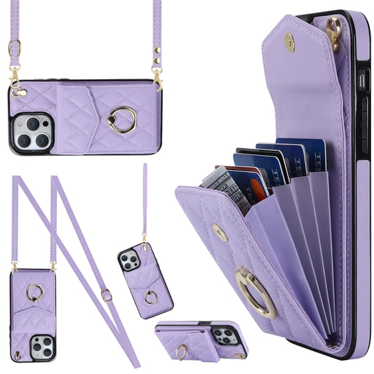 For iPhone 12 Pro Max Rhombic Texture Card Bag Phone Case with Long Lanyard(Light Purple) - iPhone 12 Pro Max Cases by buy2fix | Online Shopping UK | buy2fix