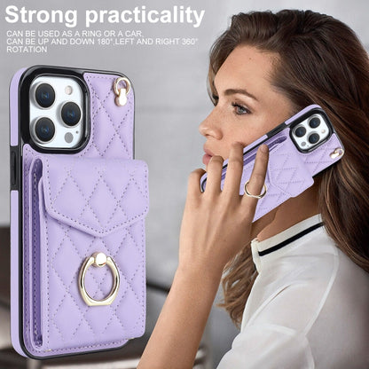 For iPhone 12 Pro Max Rhombic Texture Card Bag Phone Case with Long Lanyard(Light Purple) - iPhone 12 Pro Max Cases by buy2fix | Online Shopping UK | buy2fix
