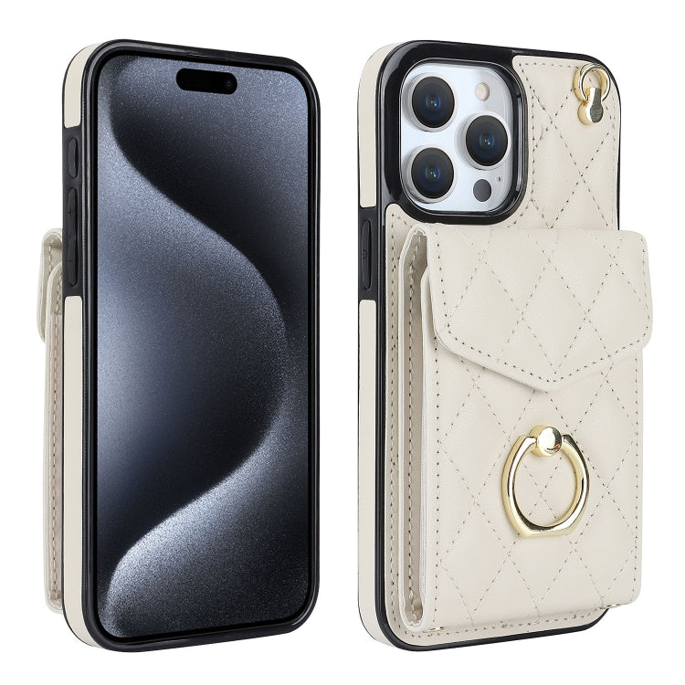 For iPhone 15 Pro Max Rhombic Texture Card Bag Phone Case with Long Lanyard(White) - iPhone 15 Pro Max Cases by buy2fix | Online Shopping UK | buy2fix