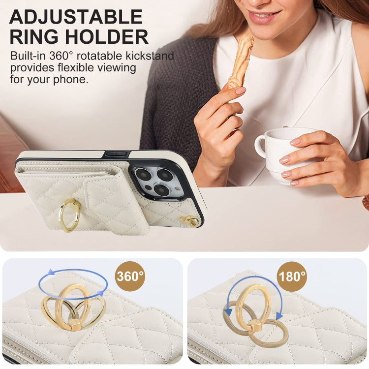 For iPhone 15 Pro Max Rhombic Texture Card Bag Phone Case with Long Lanyard(White) - iPhone 15 Pro Max Cases by buy2fix | Online Shopping UK | buy2fix