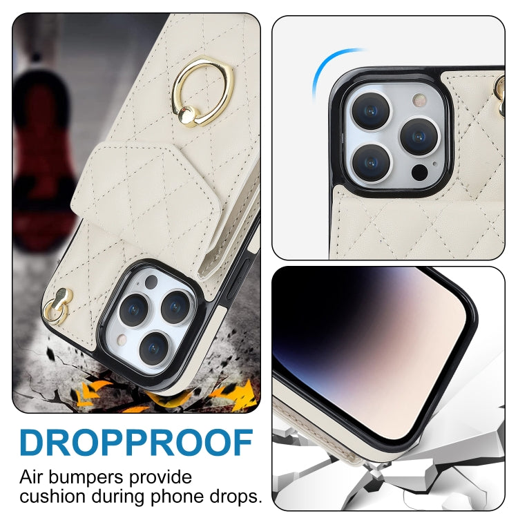 For iPhone 15 Pro Max Rhombic Texture Card Bag Phone Case with Long Lanyard(White) - iPhone 15 Pro Max Cases by buy2fix | Online Shopping UK | buy2fix