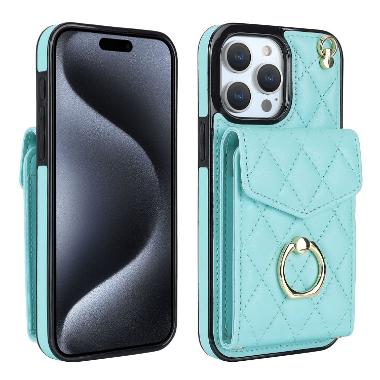For iPhone 15 Pro Max Rhombic Texture Card Bag Phone Case with Long Lanyard(Mint Green) - iPhone 15 Pro Max Cases by buy2fix | Online Shopping UK | buy2fix