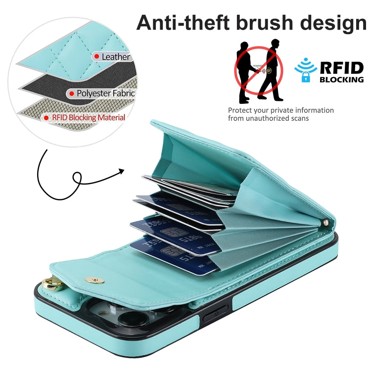 For iPhone 15 Pro Max Rhombic Texture Card Bag Phone Case with Long Lanyard(Mint Green) - iPhone 15 Pro Max Cases by buy2fix | Online Shopping UK | buy2fix