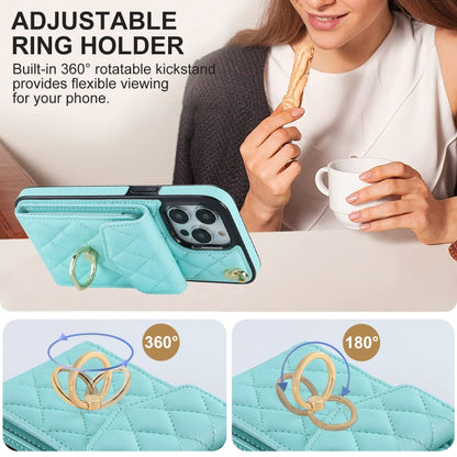 For iPhone 15 Pro Max Rhombic Texture Card Bag Phone Case with Long Lanyard(Mint Green) - iPhone 15 Pro Max Cases by buy2fix | Online Shopping UK | buy2fix