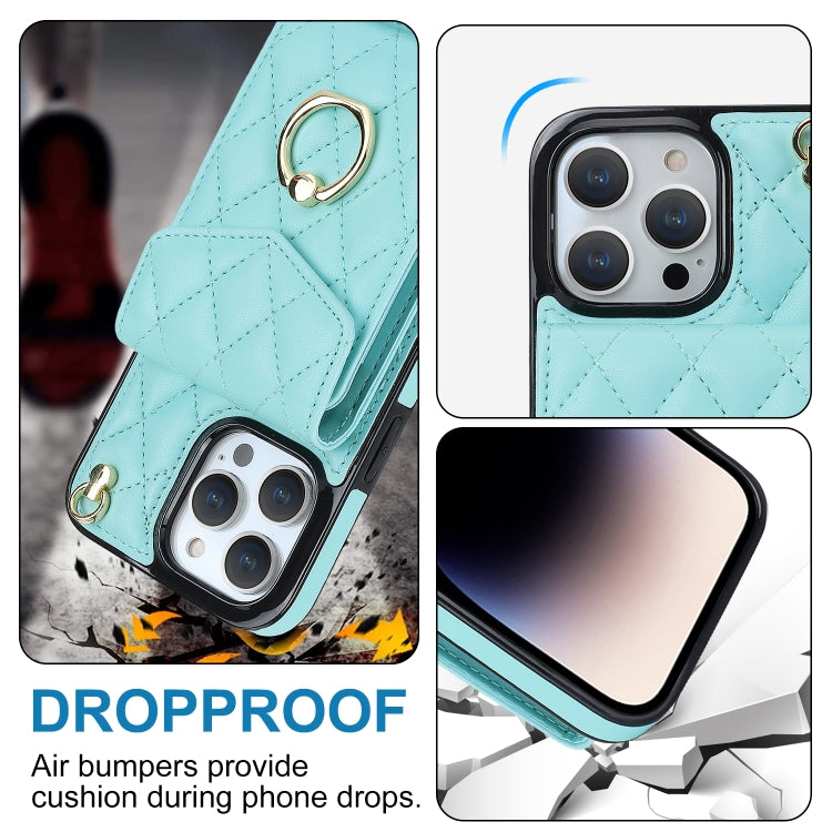 For iPhone 15 Pro Max Rhombic Texture Card Bag Phone Case with Long Lanyard(Mint Green) - iPhone 15 Pro Max Cases by buy2fix | Online Shopping UK | buy2fix