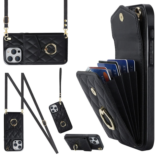 For iPhone 15 Pro Rhombic Texture Card Bag Phone Case with Long Lanyard(Black) - iPhone 15 Pro Cases by buy2fix | Online Shopping UK | buy2fix
