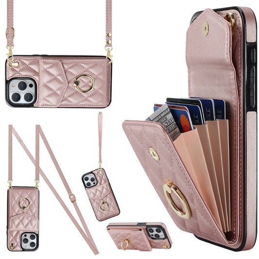 For iPhone 15 Pro Rhombic Texture Card Bag Phone Case with Long Lanyard(Rose Gold) - iPhone 15 Pro Cases by buy2fix | Online Shopping UK | buy2fix