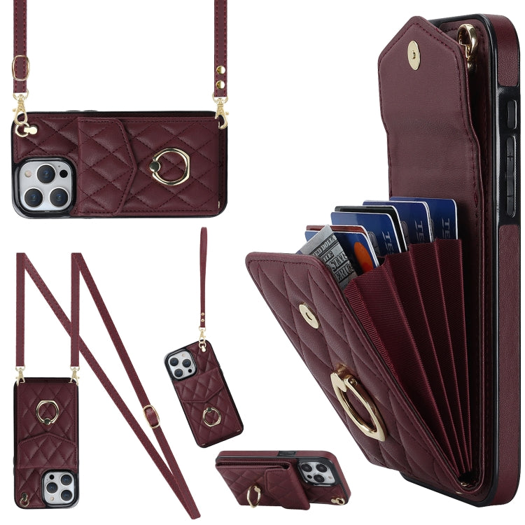 For iPhone 15 Pro Rhombic Texture Card Bag Phone Case with Long Lanyard(Wine Red) - iPhone 15 Pro Cases by buy2fix | Online Shopping UK | buy2fix
