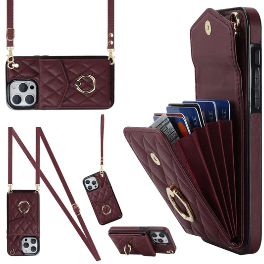 For iPhone 15 Pro Rhombic Texture Card Bag Phone Case with Long Lanyard(Wine Red) - iPhone 15 Pro Cases by buy2fix | Online Shopping UK | buy2fix