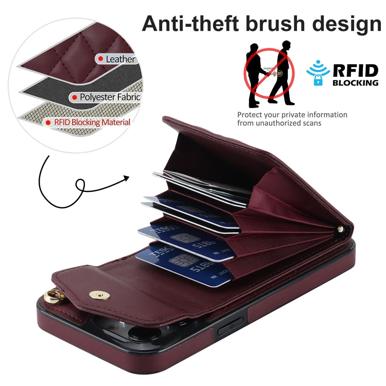 For iPhone 15 Pro Rhombic Texture Card Bag Phone Case with Long Lanyard(Wine Red) - iPhone 15 Pro Cases by buy2fix | Online Shopping UK | buy2fix