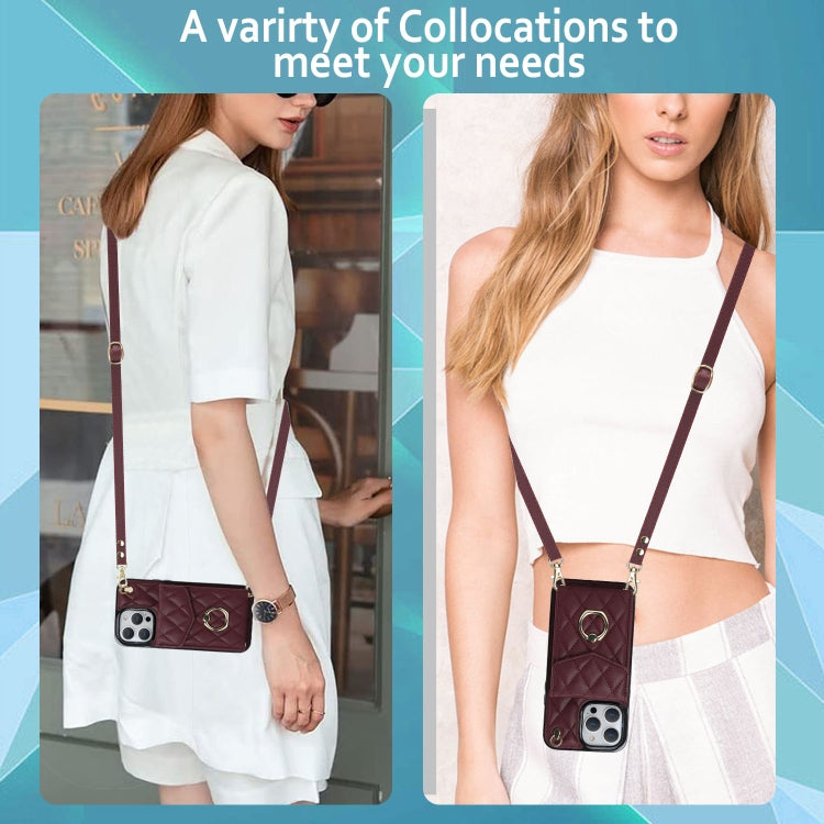 For iPhone 15 Pro Rhombic Texture Card Bag Phone Case with Long Lanyard(Wine Red) - iPhone 15 Pro Cases by buy2fix | Online Shopping UK | buy2fix