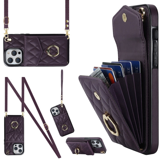 For iPhone 15 Pro Rhombic Texture Card Bag Phone Case with Long Lanyard(Dark Purple) - iPhone 15 Pro Cases by buy2fix | Online Shopping UK | buy2fix