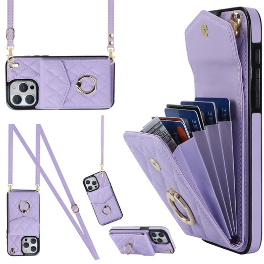 For iPhone 15 Pro Rhombic Texture Card Bag Phone Case with Long Lanyard(Light Purple) - iPhone 15 Pro Cases by buy2fix | Online Shopping UK | buy2fix
