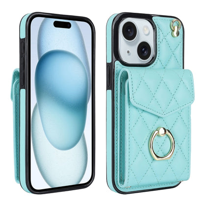 For iPhone 15 Plus Rhombic Texture Card Bag Phone Case with Long Lanyard(Mint Green) - iPhone 15 Plus Cases by buy2fix | Online Shopping UK | buy2fix