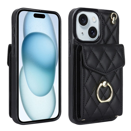 For iPhone 15 Rhombic Texture Card Bag Phone Case with Long Lanyard(Black) - iPhone 15 Cases by buy2fix | Online Shopping UK | buy2fix
