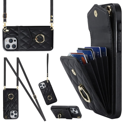 For iPhone 15 Rhombic Texture Card Bag Phone Case with Long Lanyard(Black) - iPhone 15 Cases by buy2fix | Online Shopping UK | buy2fix
