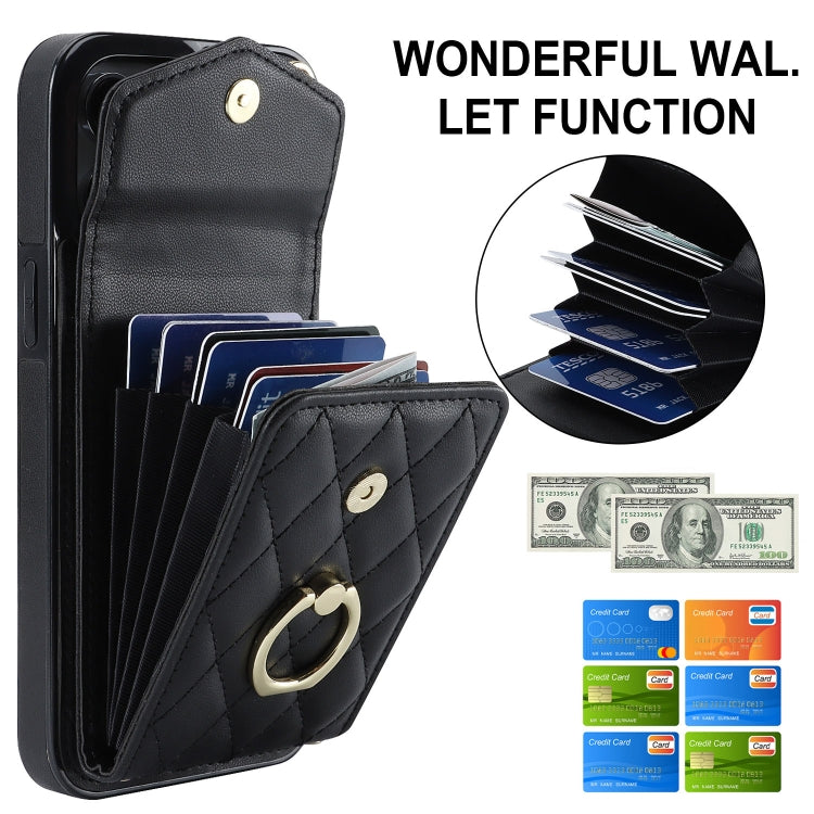 For iPhone 15 Rhombic Texture Card Bag Phone Case with Long Lanyard(Black) - iPhone 15 Cases by buy2fix | Online Shopping UK | buy2fix