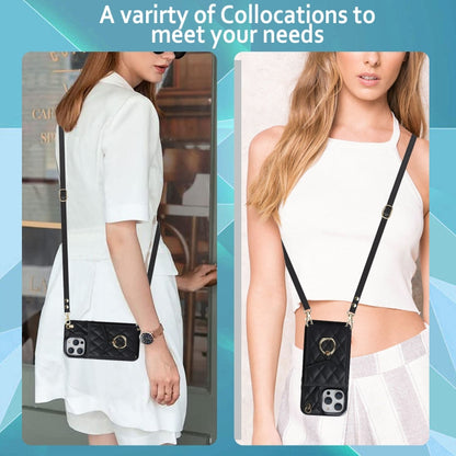 For iPhone 15 Rhombic Texture Card Bag Phone Case with Long Lanyard(Black) - iPhone 15 Cases by buy2fix | Online Shopping UK | buy2fix