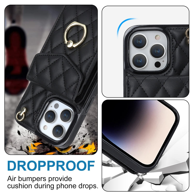 For iPhone 15 Rhombic Texture Card Bag Phone Case with Long Lanyard(Black) - iPhone 15 Cases by buy2fix | Online Shopping UK | buy2fix