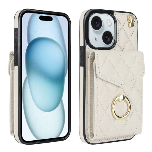 For iPhone 15 Rhombic Texture Card Bag Phone Case with Long Lanyard(White) - iPhone 15 Cases by buy2fix | Online Shopping UK | buy2fix
