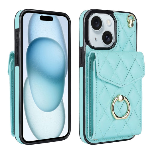 For iPhone 15 Rhombic Texture Card Bag Phone Case with Long Lanyard(Mint Green) - iPhone 15 Cases by buy2fix | Online Shopping UK | buy2fix