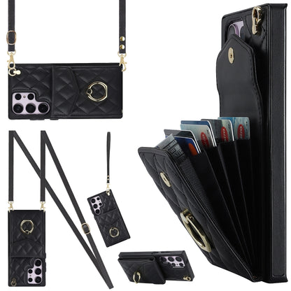 For Samsung Galaxy S23 Ultra 5G Rhombic Texture Card Bag Phone Case with Long Lanyard(Black) - Galaxy S23 Ultra 5G Cases by buy2fix | Online Shopping UK | buy2fix