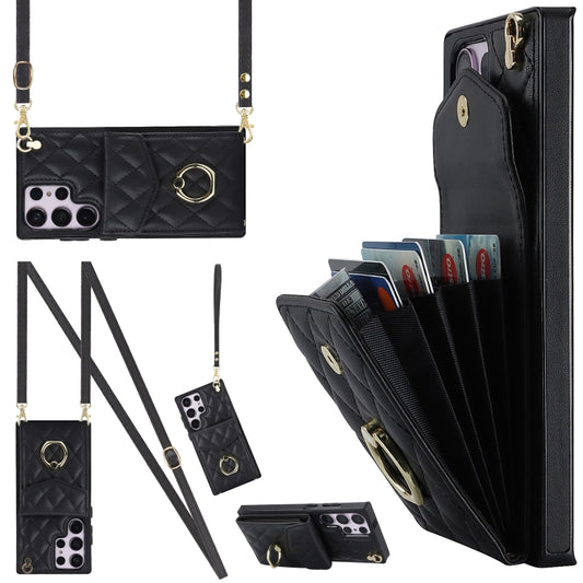 For Samsung Galaxy S23 Ultra 5G Rhombic Texture Card Bag Phone Case with Long Lanyard(Black) - Galaxy S23 Ultra 5G Cases by buy2fix | Online Shopping UK | buy2fix