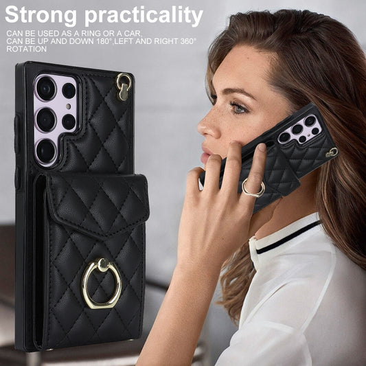For Samsung Galaxy S23 Ultra 5G Rhombic Texture Card Bag Phone Case with Long Lanyard(Black) - Galaxy S23 Ultra 5G Cases by buy2fix | Online Shopping UK | buy2fix