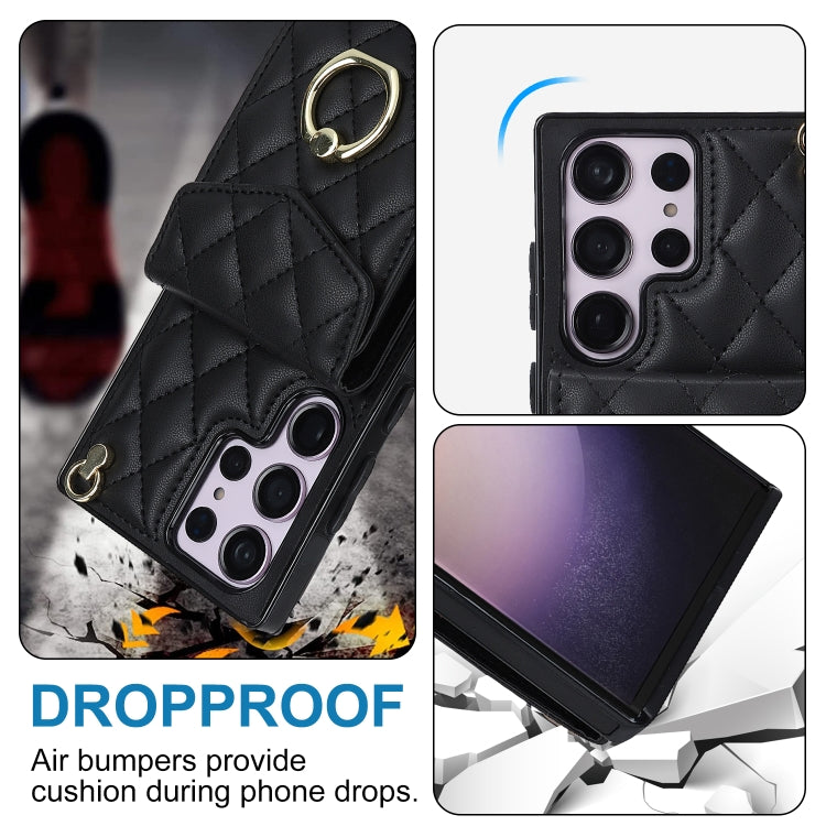 For Samsung Galaxy S23 Ultra 5G Rhombic Texture Card Bag Phone Case with Long Lanyard(Black) - Galaxy S23 Ultra 5G Cases by buy2fix | Online Shopping UK | buy2fix