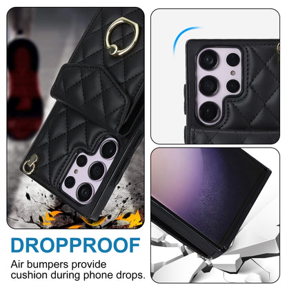 For Samsung Galaxy S23 Ultra 5G Rhombic Texture Card Bag Phone Case with Long Lanyard(Black) - Galaxy S23 Ultra 5G Cases by buy2fix | Online Shopping UK | buy2fix