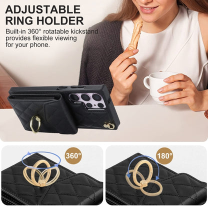 For Samsung Galaxy S23 Ultra 5G Rhombic Texture Card Bag Phone Case with Long Lanyard(Black) - Galaxy S23 Ultra 5G Cases by buy2fix | Online Shopping UK | buy2fix