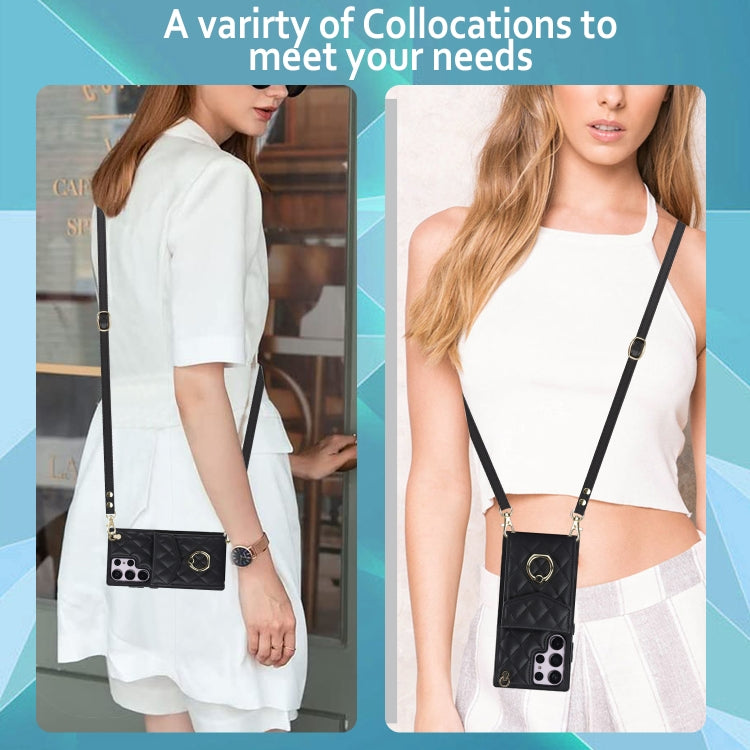 For Samsung Galaxy S23 Ultra 5G Rhombic Texture Card Bag Phone Case with Long Lanyard(Black) - Galaxy S23 Ultra 5G Cases by buy2fix | Online Shopping UK | buy2fix