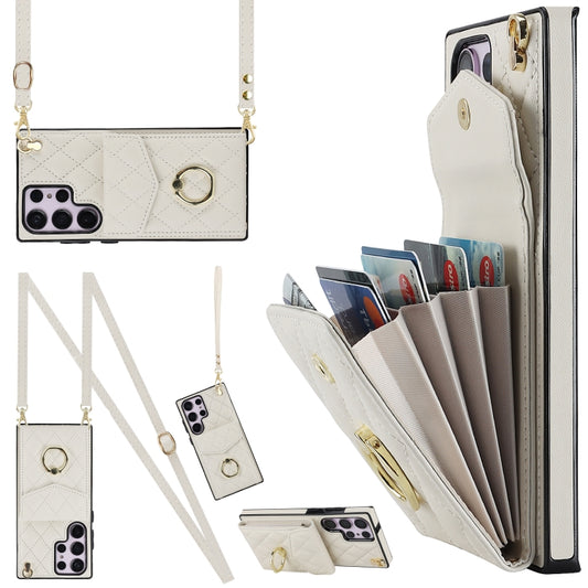 For Samsung Galaxy S23 Ultra 5G Rhombic Texture Card Bag Phone Case with Long Lanyard(White) - Galaxy S23 Ultra 5G Cases by buy2fix | Online Shopping UK | buy2fix