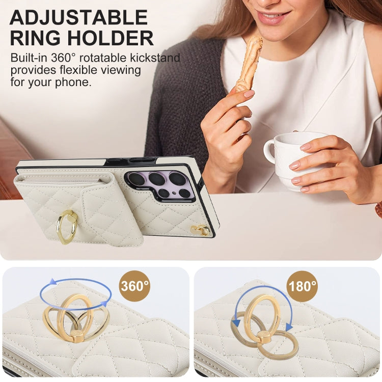 For Samsung Galaxy S23 Ultra 5G Rhombic Texture Card Bag Phone Case with Long Lanyard(White) - Galaxy S23 Ultra 5G Cases by buy2fix | Online Shopping UK | buy2fix