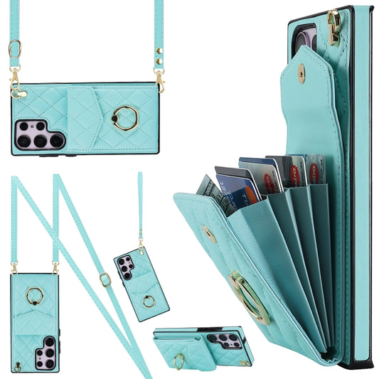 For Samsung Galaxy S23 Ultra 5G Rhombic Texture Card Bag Phone Case with Long Lanyard(Mint Green) - Galaxy S23 Ultra 5G Cases by buy2fix | Online Shopping UK | buy2fix