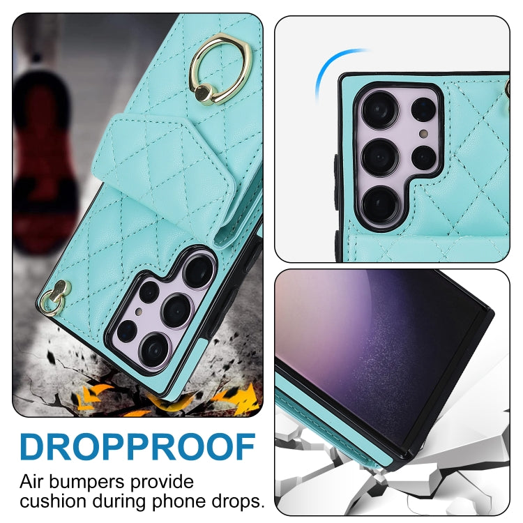 For Samsung Galaxy S23 Ultra 5G Rhombic Texture Card Bag Phone Case with Long Lanyard(Mint Green) - Galaxy S23 Ultra 5G Cases by buy2fix | Online Shopping UK | buy2fix