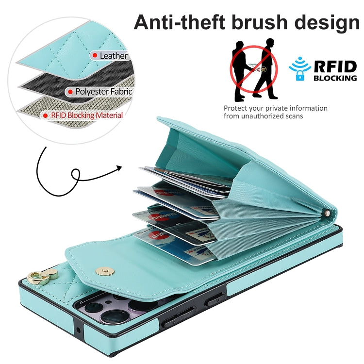 For Samsung Galaxy S23 Ultra 5G Rhombic Texture Card Bag Phone Case with Long Lanyard(Mint Green) - Galaxy S23 Ultra 5G Cases by buy2fix | Online Shopping UK | buy2fix